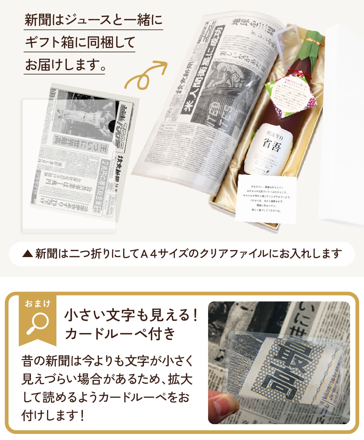 メモリアル新聞はジュースと一緒にギフト箱にお入れします